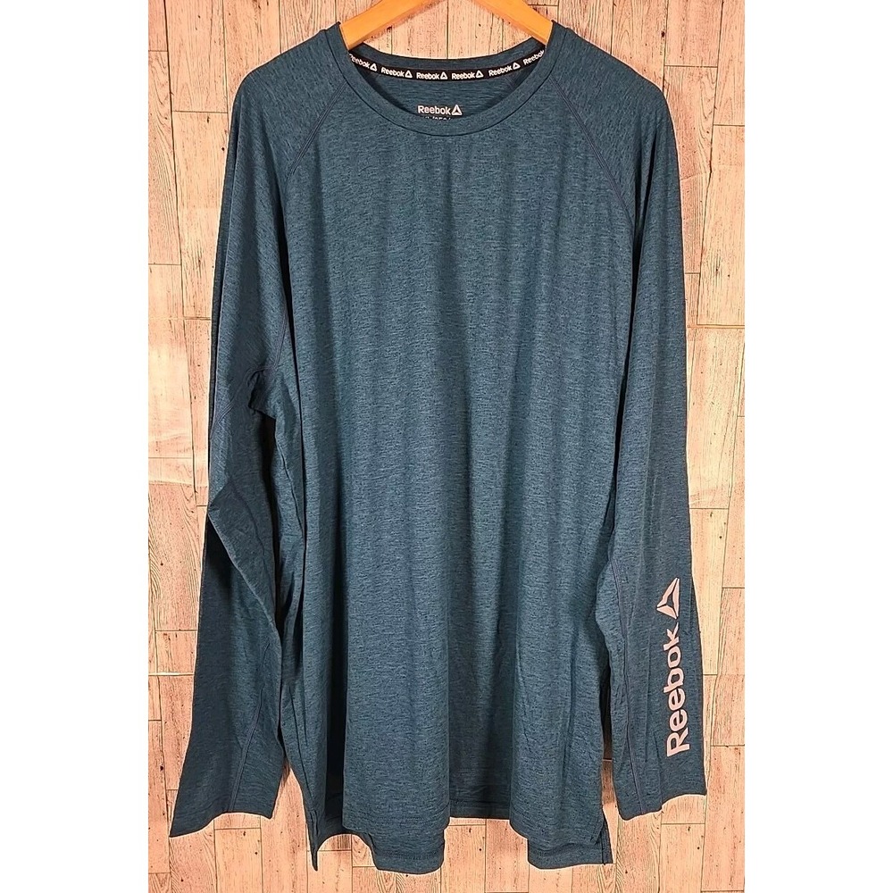 Reebok Shirt 3XL Mens Blue Spellout on Arm Long Sleeve Distance Performance NEW